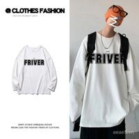 Áo thun nam dài tay phong cách Hồng Kông thời trang nam mùa thu 2024, in chữ, cổ tròn rộng, áo thun thoải mái xu hướng