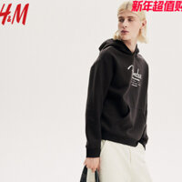 Áo thun nam H * M Mùa đông phong cách mới in hình Áo thun có mũ trùm đầu rộng