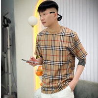 Áo thun nam mẫu mới phối hoạ tiết phối sọc caro hàng quảng châu thanh lịch sang trọng