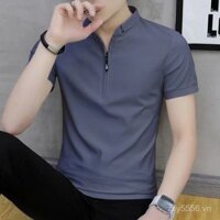 Áo thun nam màu trơn, phong cách Pháp, cổ đứng có khóa kéo, thoáng khí