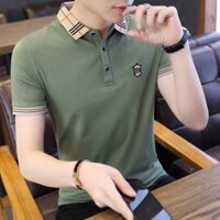 Áo thun nam ngắn tay có cổ polo xanh rêu cổ caro