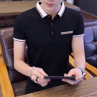 Áo thun nam ngắn tay có cổ polo xanh dương đậm viền trắng sọc đỏ