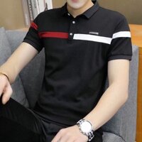 Áo thun nam ngắn tay có cổ polo đen viền ngực đỏ trắng