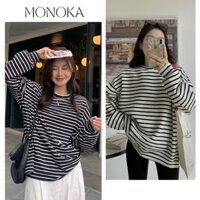 Áo thun nam nữ kẻ ngang dài tay form rộng Áo phông cổ tròn unisex bigsize tay bo kẻ đen trắng trẻ trung T48G