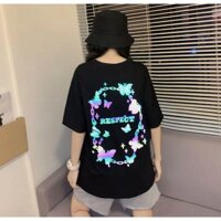 Áo thun nam nữ mặc , formn rộng , phản quang , phát sáng chất cotton dày mịn - Đen,Freesize