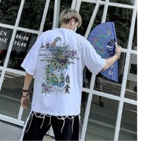 Áo thun nam nữ tay lỡ thun cotton 4 chiều in hình con công,thun co giãn thấm hút tốt - trắng,free size < 75kg