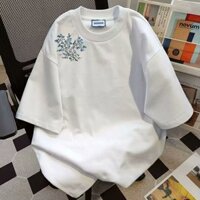 Áo thun nam nữ tay ngắn cổ tròn in hoa đơn giản và đa năng phong cách Hồng Kông mùa hè xu hướng mới cộng với kích thước dáng rộng thường ngày năm phần tư tay áo thể thao