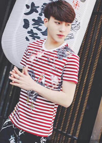 áo thun nam sọc ngang nhỏ họa tiết bông chìm - sọc trắng - đỏ  - XXL