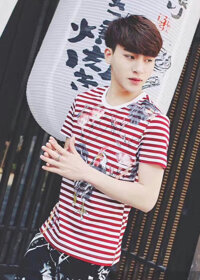 áo thun nam sọc ngang nhỏ họa tiết bông chìm - sọc trắng - đỏ  - M