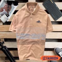 ÁO THUN NAM TAY NGẮN CỔ BẺ PHỐI SỌC NGANG, LOGO THÊU, TAY BO - LZPS151 - NÂU - Size L