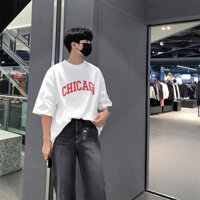 Áo thun nam trắng đen basic fom rộng in chữ CHICAGO