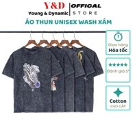 Áo thun nam Wash xám Unisex phom rộng in hình, áo phông nam tay lỡ vải Cotton lạnh co giãn thương hiệu Y&D