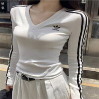 Áo thun ngắn Adidas cổ chữ V Streak dài tay Top Áo thun nữ mỏng và đơn giản