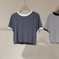 áo thun ngắn croptop sọc ngang mềm mịn cute - XANH ĐẬM