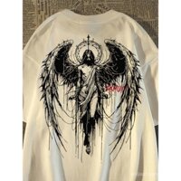 Áo thun ngắn tay 100% cotton nặng, kiểu dáng tương tự mùa hè, rộng rãi, phong cách Hồng Kông, cánh thiên thần, tay lửng, quần áo nam đa năng K PFXT