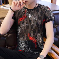 Áo thun ngắn tay bằng lụa băng mùa hè Áo thun nam lưới cổ tròn rỗng nửa tay lưới trong suốt Top Slim @ -