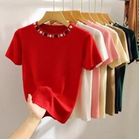 Áo thun ngắn tay bằng lụa lạnh, cổ tròn, áo khoác ngoài thanh lịch mùa xuân hè, kiểu dáng mỏng có hạt