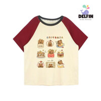 Áo thun ngắn tay bé gái, bé trai phối màu in hình capybara, labubu, baby three v3 Delfinkid, áo thun bé cotton 4c
