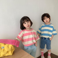 Áo thun ngắn tay Bé Trai / Bé Gái 2 màu Xanh / Hồng sọc ngang size 11kg - 28kg