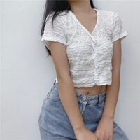 Áo thun ngắn tay cài nút vải mùa hè xếp ly nổi cotton;on, áo cardigan mỏng cài nút