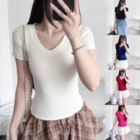 Áo thun ngắn tay cổ chữ v mùa hè, áo baby tee ôm body moonup