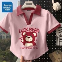 Áo thun ngắn tay cổ polo Jeanswest dành cho nữ mùa hè mới 2023 Áo thun ngắn tay màu tương phản