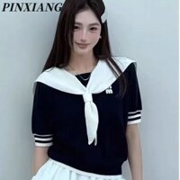 Áo thun ngắn tay cổ thủy thủ mỏng Ice Silk dành cho nữ Áo thun crop dáng rộng cao cấp kiểu Pháp mới