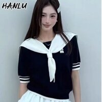 Áo thun ngắn tay cổ thủy thủ mỏng Ice Silk dành cho nữ Áo thun crop dáng rộng cao cấp kiểu Pháp mới