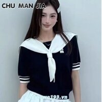Áo thun ngắn tay cổ thủy thủ mỏng Ice Silk dành cho nữ Áo thun crop dáng rộng cao cấp kiểu Pháp mới