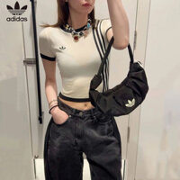 Áo thun ngắn tay cổ tròn sọc cổ điển thêu Adidas dành cho nữ
