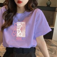 Áo thun ngắn tay cổ tròn Cotton trắng dành cho nữ Mùa hè mới Phong cách Hàn Quốc dáng rộng cỡ lớn Áo thun tay nửa chiều dài dành cho sinh viên mùa hè Áo thun ngắn tay in hình ngọt ngào FIP8