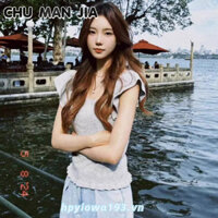 Áo thun ngắn tay cổ vuông ren màu xám dành cho nữ Áo thun ngắn tay bay kiểu Pháp thiểu số