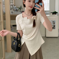 Áo thun ngắn tay cổ vuông phong cách retro mùa hè, kiểu Hàn Quốc, không đều, vai thường, giảm béo, áo nữ đa năng