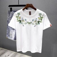 Áo thun ngắn tay cotton nguyên chất thêu bướm phong cách Trung Quốc mới, kích thước lớn 150kg, unisex, áo đôi mùa hè