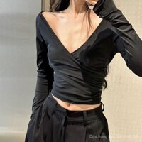 Áo Thun Ngắn Tay Dài Cổ Chữ v Thiết Kế Vạt Chéo Ôm Dáng Thời Trang Mùa Thu Cao Cấp Dành Cho Nữ