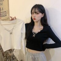 Áo Thun Ngắn Tay Dài Màu Đen Phối Dây Xích Phong Cách Hàn Quốc Cho Nữ