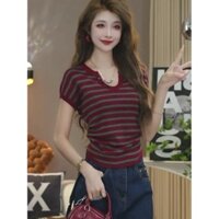 Áo thun ngắn tay dệt kim băng lụa mùa hè Balamy cổ V sọc cho phụ nữ, kiểu dáng ôm sát mới, áo độc đáo