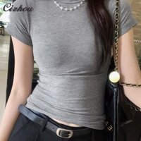 Áo thun ngắn tay dệt kim cổ tròn thiết kế eo bó sát Áo thun ngắn tay dành cho nữ