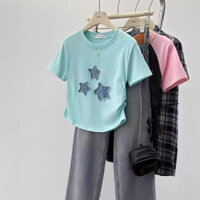 Áo thun ngắn tay eo hẹp xếp ly mùa hè hợp thời trang Ngôi sao Patch thêu vai trước Slim-Fit Slimmer Look Short cổ tròn Top Quần áo nữ