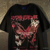 Áo thun ngắn tay in hình bướm thời trang phong cách đường phố Mỹ bằng cotton nguyên chất, bộ đồ cặp đôi unisex rộng rãi, áo trẻ trung mát mẻ