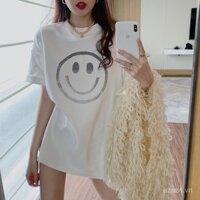 Áo thun ngắn tay in hình mặt cười cho phụ nữ, mùa xuân hè mới, áo cơ bản thoải mái, áo cổ tròn cho phụ nữ bán buôn