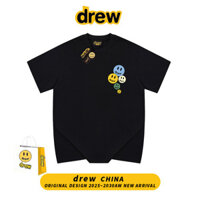 Áo thun ngắn tay in hình mặt cười Drew American Smiley dành cho cặp đôi Áo thun nửa tay dáng rộng và đa năng thương hiệu hợp thời trang