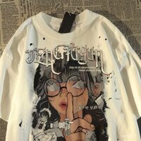 Áo thun ngắn tay in hình nhân vật hoạt hình phong cách Mỹ, unisex, thương hiệu thời trang mùa hè, cotton nguyên chất, dáng rộng, cặp kính, phong cách anime cho cô gái