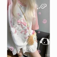 Áo thun ngắn tay in hình thỏ anime ngọt ngào phong cách Nhật Bản mới cho phụ nữ, cổ tròn, cotton nguyên chất, màu hồng