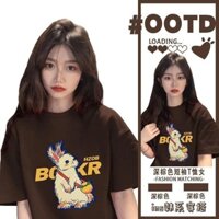 Áo thun ngắn tay màu nâu dành cho nữ mùa hè Cotton nguyên chất dễ thương in hình thỏ dáng rộng giữa dài Ins Top