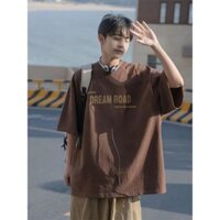 Áo Thun Ngắn Tay Màu Nâu Nam Mỹ Retro In Chữ Rời Dạo Phố Hợp Thời Trang Áo Thun Nửa Tay 2.8