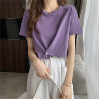 Áo thun ngắn tay màu tím nữ ngắn Cotton nguyên chất Phong cách mới Hợp thời trang Phù hợp với tính khí Áo thun nhỏ không đều