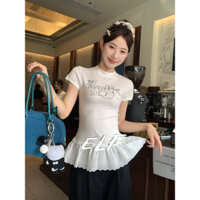 Áo thun ngắn tay màu trắng Perm Áo ren ba lê