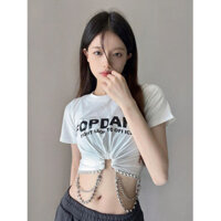 Áo thun ngắn tay màu trắng ngắn tay đính cườm dành cho nữ Công nghiệp nặng