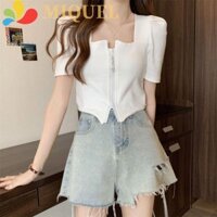 Áo thun ngắn tay MIQUEL, Áo thun dây kéo đôi dáng rộng, Áo thun Crop top cổ vuông ngắn sành điệu cho nữ mùa hè